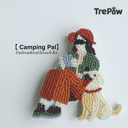 Camping Pal bead embroidery kit - girl with her big dog on a camping trip, outdoor bond, finished beaded brooch