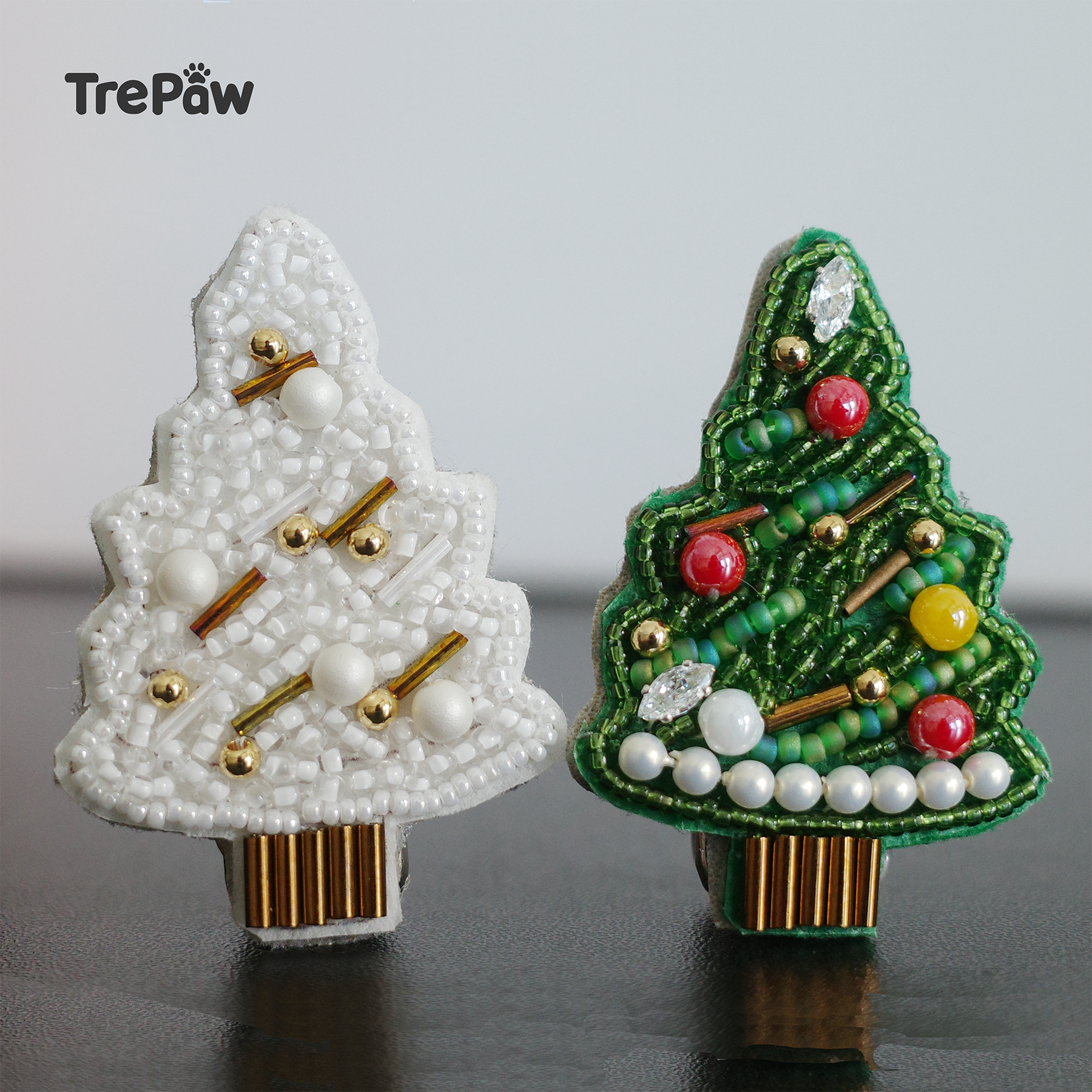 Christmas Tree hair clip bead kit - white frosted tree design, finished beaded hair clip for kids