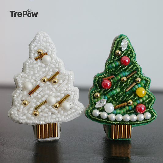 Christmas Tree hair clip bead kit - white frosted tree design, finished beaded hair clip for kids