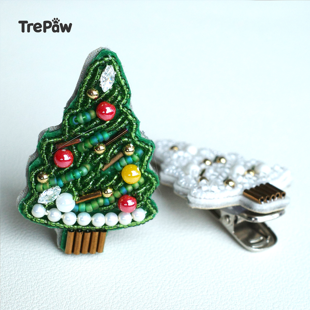 Handmade Christmas tree bead embroidery hair clip worn in the hair