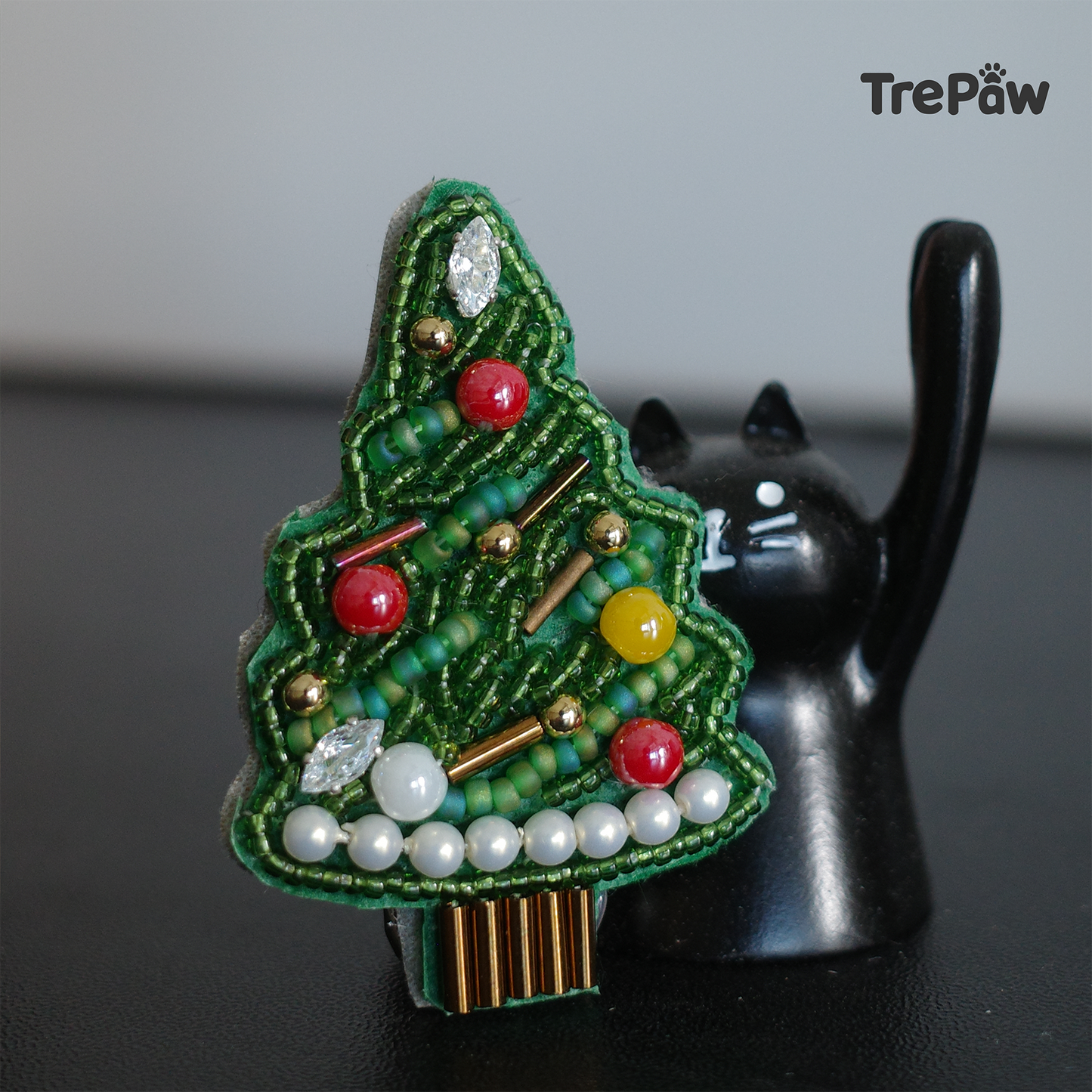Candy Christmas tree DIY bead embroidery hair clip kit with green tree and colorful red and yellow beads