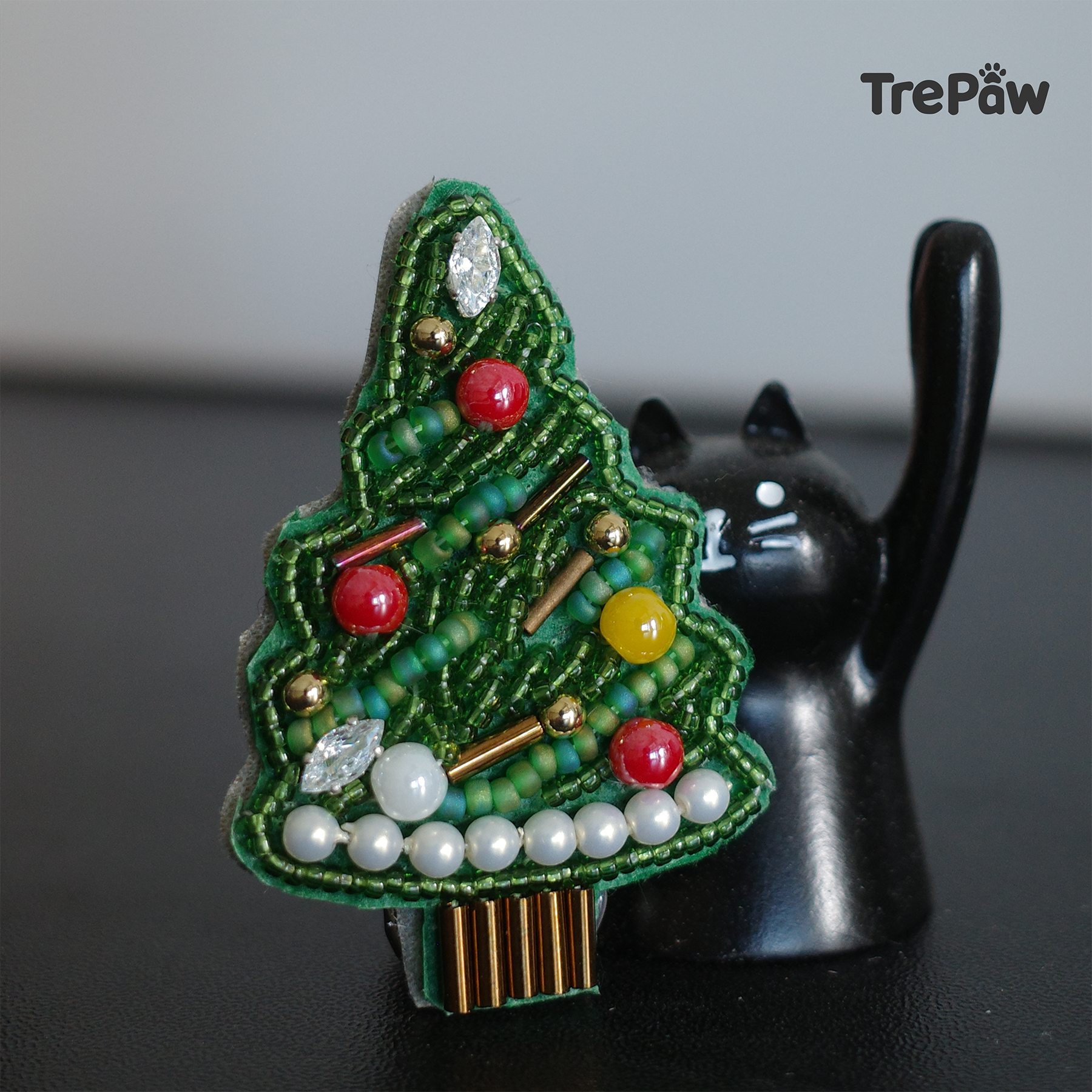 Candy Christmas tree DIY bead embroidery hair clip kit with green tree and colorful red and yellow beads