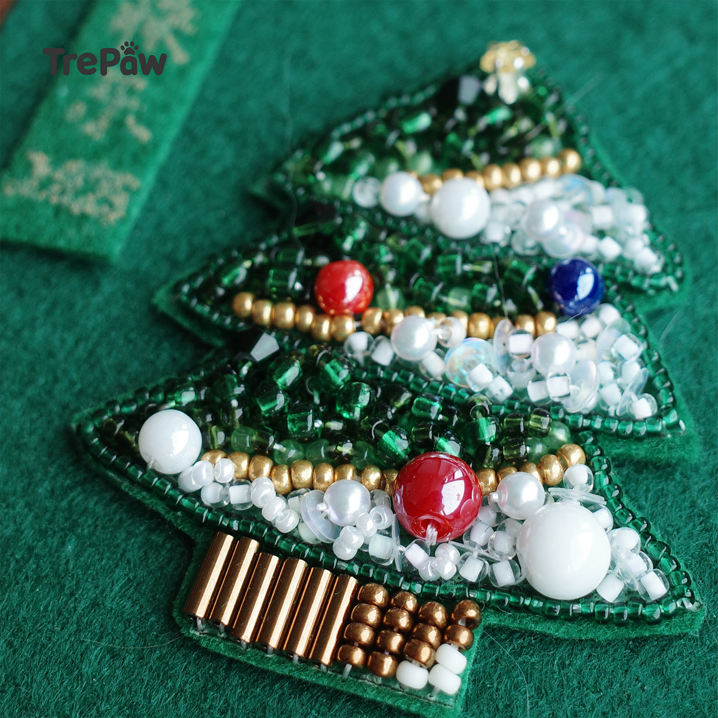 Snowfall Christmas Tree bead kit - premium MIYUKI seed beads close-up, white and green with cool winter tones, beautiful luster