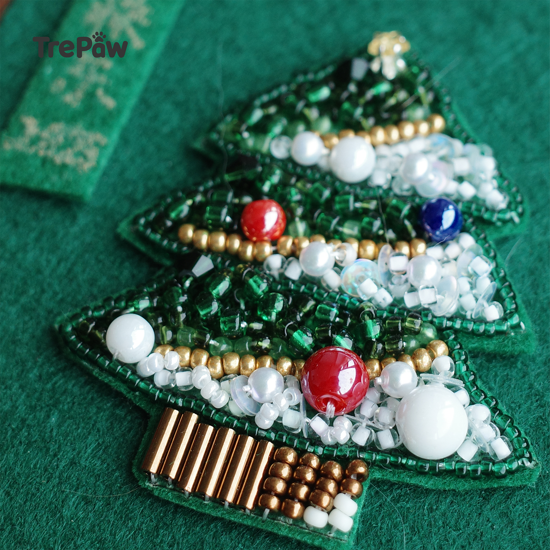 Snowfall Christmas Tree bead kit - premium MIYUKI seed beads close-up, white and green with cool winter tones, beautiful luster