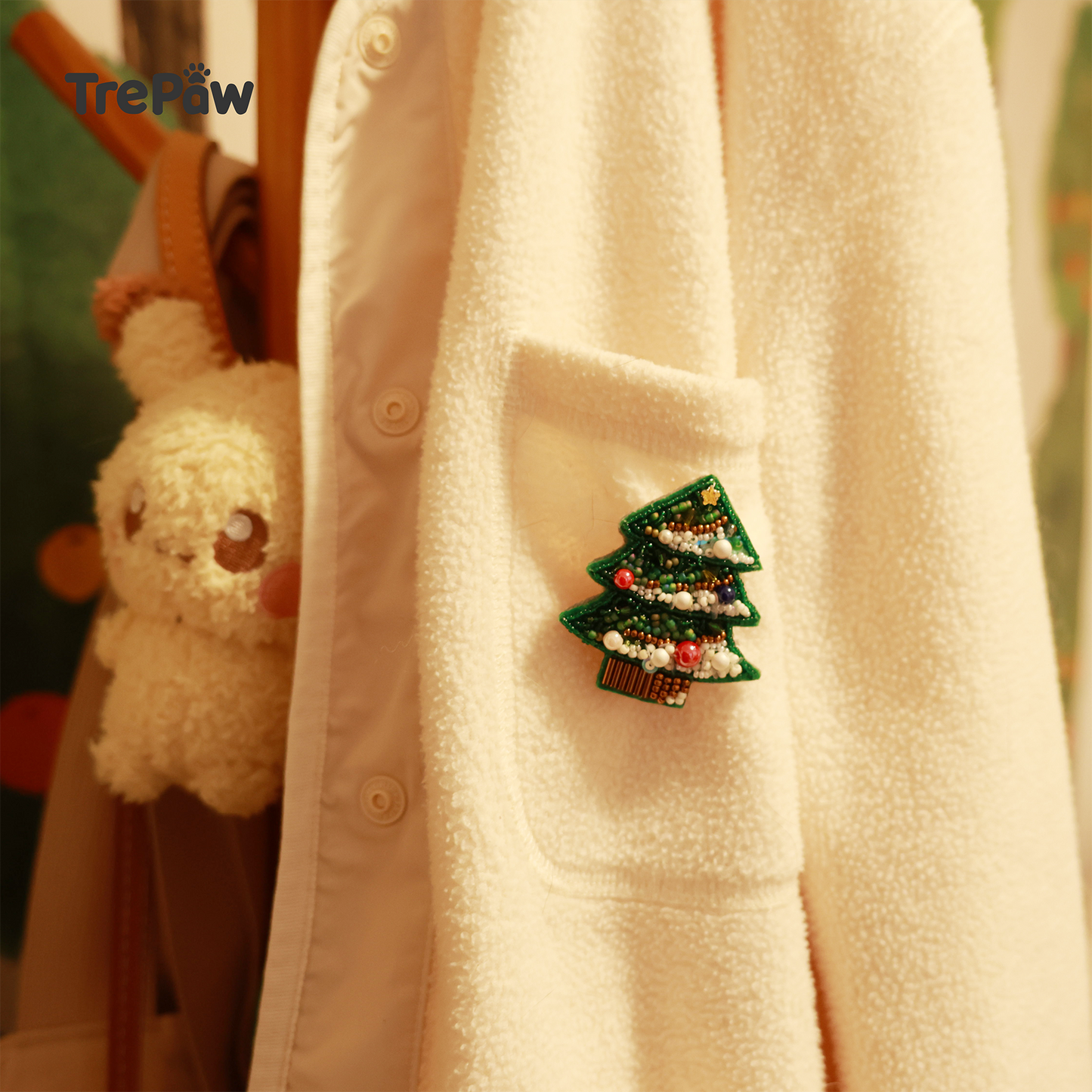 Snowfall Christmas Tree beaded brooch piece - finished work perfectly  fits winter jacket, festive accessory for the holiday season