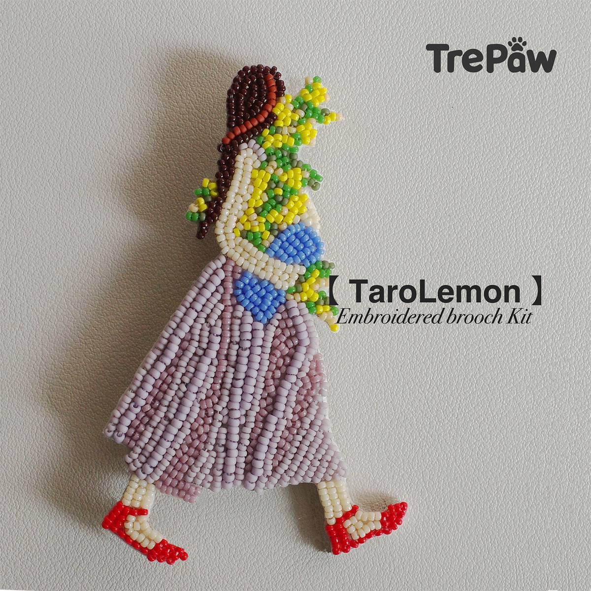 Taro Lemon DIY bead embroidery kit featuring a girl in a lavender dress holding a colorful flower bouquet