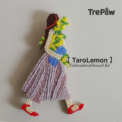 Taro Lemon DIY bead embroidery kit featuring a girl in a lavender dress holding a colorful flower bouquet