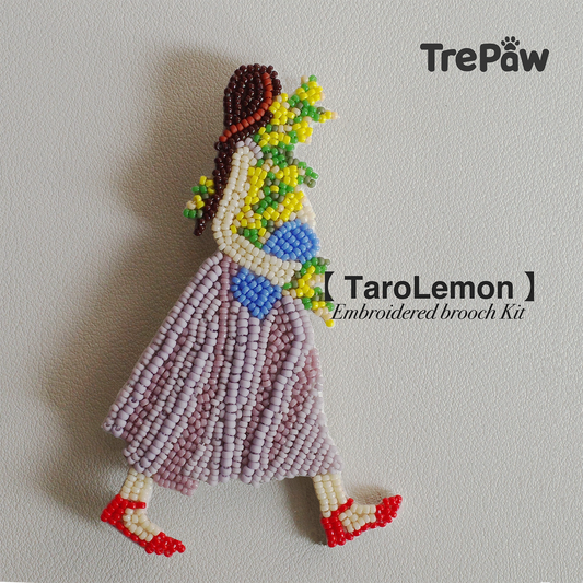 Taro Lemon DIY bead embroidery kit featuring a girl in a lavender dress holding a colorful flower bouquet