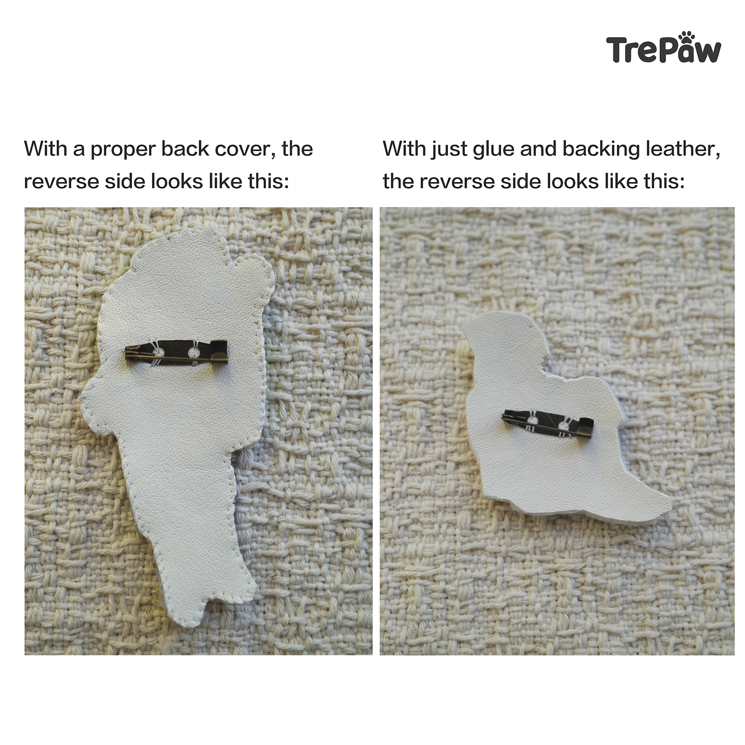 bead embroidery brooch kit - back view with leather backing and brooch pin, handcrafted finishing detail