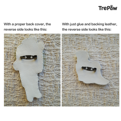 bead embroidery brooch kit - back view with leather backing and brooch pin, handcrafted finishing detail