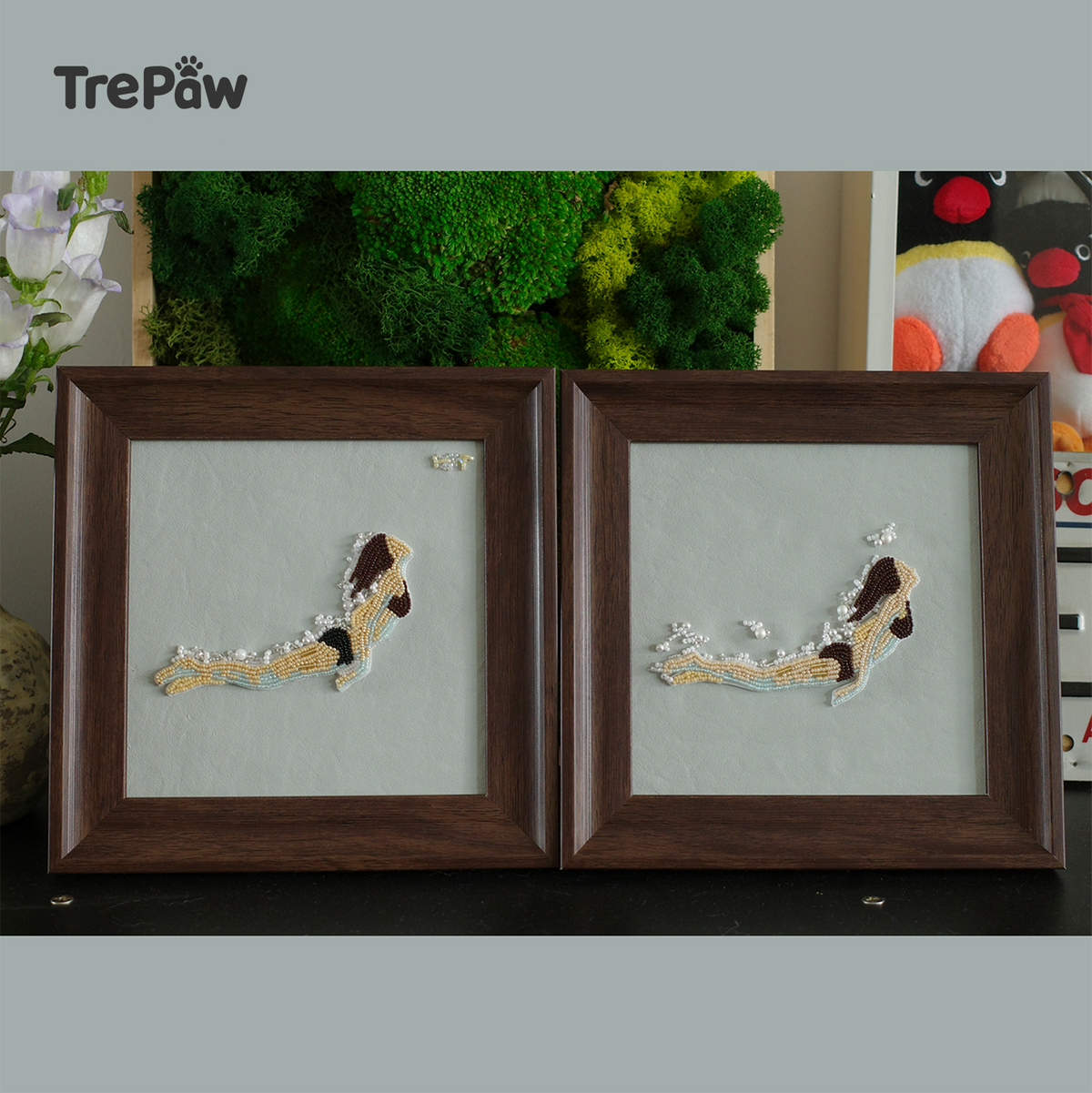 Emerge framed bead embroidery artwork with a woman rising from water and pearl-like details