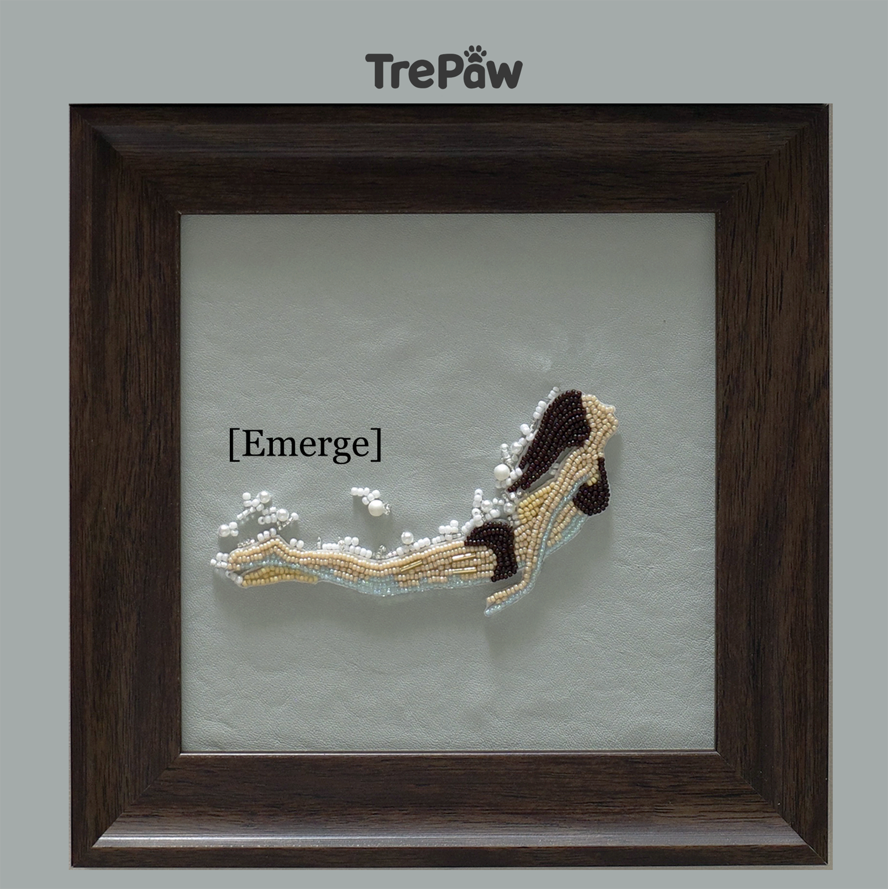 Emerge DIY bead embroidery art kit featuring a woman emerging from dark water in a walnut wood frame