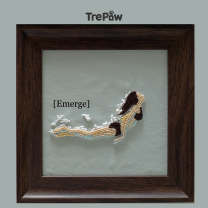 Emerge DIY bead embroidery art kit featuring a woman emerging from dark water in a walnut wood frame