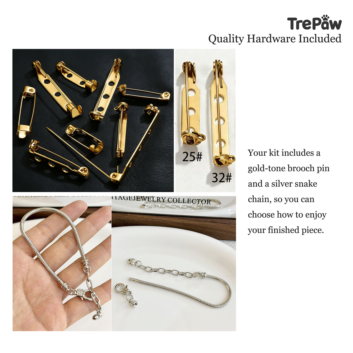 Gold-tone brooch pins and silver snake chain included in the TrePaw DIY bead embroidery kit