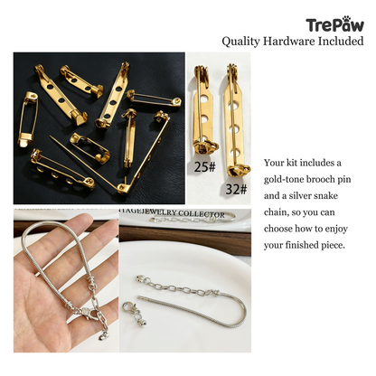 Gold-tone brooch pins and silver snake chain included in the TrePaw DIY bead embroidery kit