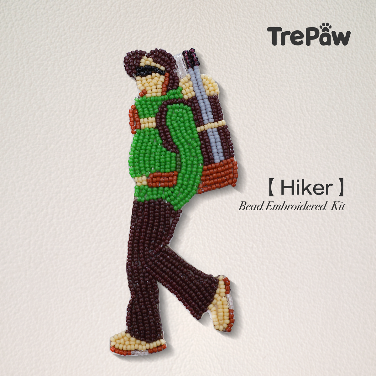 Hiker DIY bead embroidery kit featuring a girl with a backpack and trekking poles