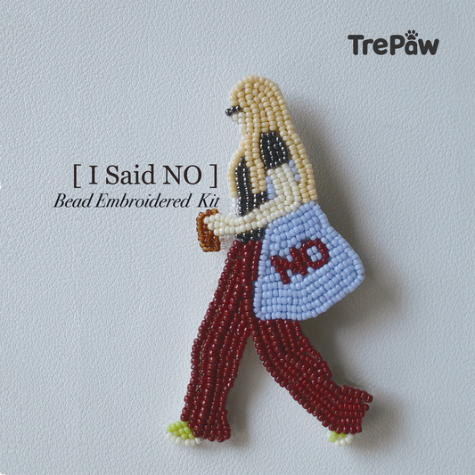 I Said No DIY bead embroidery kit featuring a confident girl in a metallic top and wine-red trousers
