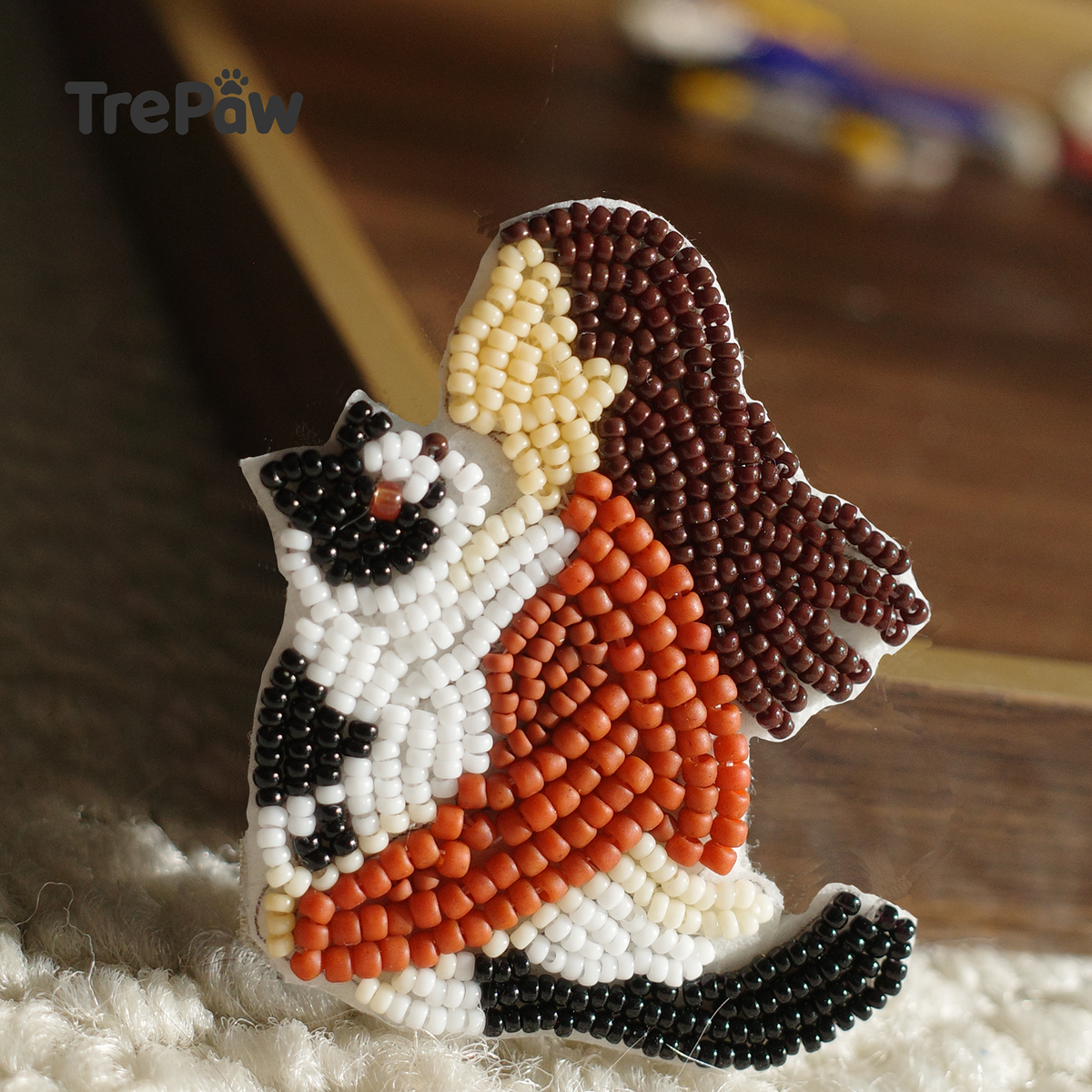 Sunset Mew beaded brooch - finished piece hanging on a bag as a unique bag charm, tender accessory for cat lovers