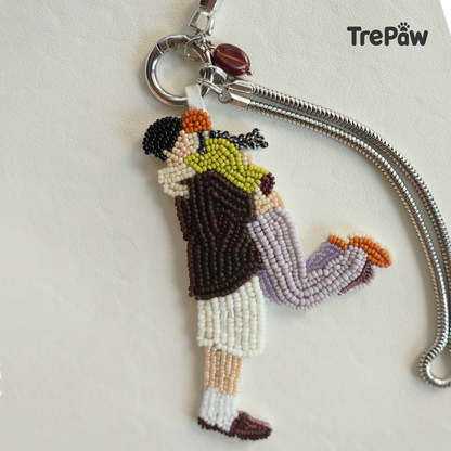 The Moment beaded brooch - finished piece hanging on a bag as a unique bag charm, sentimental accessory for cherished memories
