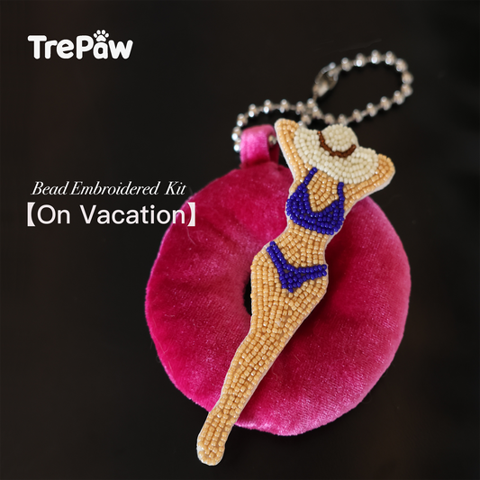 On Vacation bead embroidery kit - girl in rose-pink velvet floatie, relaxed holiday vibe, finished beaded brooch